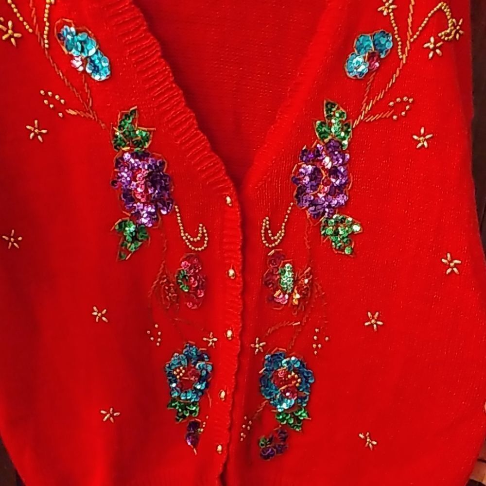Gloriously Gaudy Red Sequined Floral Sweater - Picture 6 of 7